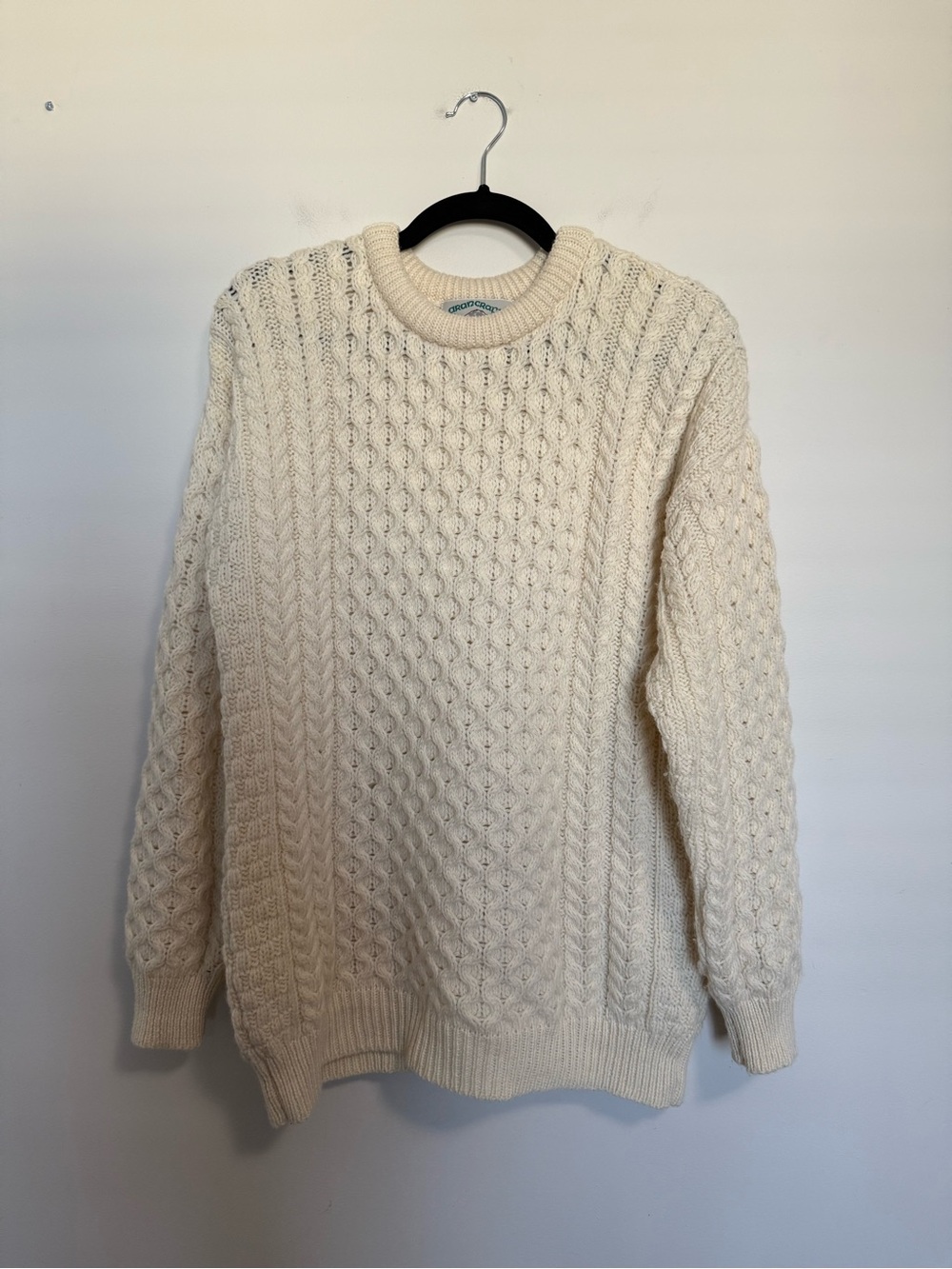 Aran Crafts Irish 100% Merino Wool Cable Knit Sweater Cream Medium